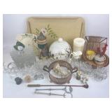 Wood serving tray, Fostoria American plates,