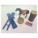 Vintage windup toy, Baking powder tin, caps,