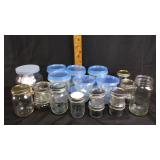 Variety of ball jars, glass canning jars and