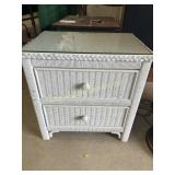 White wicker side table with glass top, some