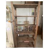 Tall wooden shelves, worn, 78in tall, 37.5in wide