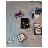 Heart necklace, earrings, believe pin