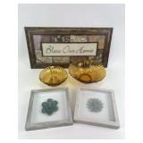 Amber glass serving bowls, framed decor pictures