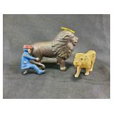 Metal lion vintage coin bank, metal man figurine,