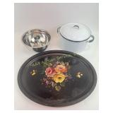 Hand painted metal serving tray, metal pot with