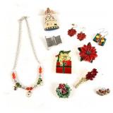 Costume jewelry- Holiday pins, necklace,