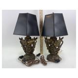 Pair carved wood table lamps