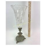 Victorian enameled glass trumpet vase with metal