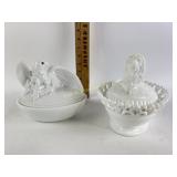 Milk glass lion dish, milk glass eagle dish