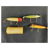 Vintage fishing lures including Jitterbug Mfd by