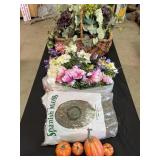 Artificial flowers, Spanish moss, foam pumpkins