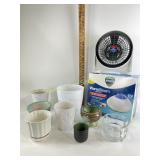 Ceramic, glass, and plastic planter pots, fan,