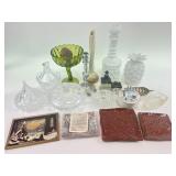 Milk glass decanter, green glass pedestal bowl,