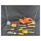 Garden shears, hedge trimmers, luggage, plastic