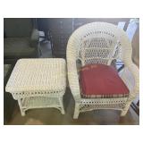White wicker chair with cushion, 35in tall, 30in