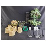 Glass pitcher, ceramic vase, small lamp shades,