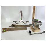 Hand saws, wrought iron hanging candle holder,