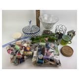 Thread spools, compote, plaster frog, blue &