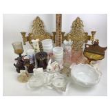 Pink depression glass, Syroco wall sconces, milk