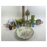 Colored glass bottles, art glass swan, green