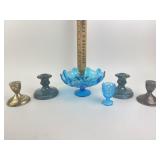 Blue glass ruffled pedestal dish, blue glass