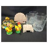 Four drinking glasses, granite napkin holder and
