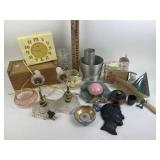 Glass wall sconces, pottery hat wall pocket,