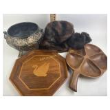 Metal jardiniere, electric fireplace logs, wood