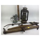 Barn lantern (damaged), yokes, saw, Wizard Husky
