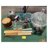 English pewter flask, Japanese fans, skeleton