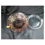 Pink depression glass bowl, fire king etched pie