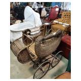 Antique wicker pram stroller, 42"x19"x32". Some