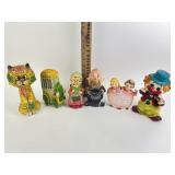 Coin banks- clown, cat, retirement fund, swear