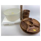 Tupperware, wood lazy Susan snack set, Pyrex cups