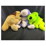 Large stuffed animals- monkey, green dog, brown
