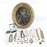 Black and white print of mother and children in