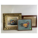 Framed artwork including floral painting and duck