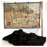 Scenic tapestry 29 x 28,  faux fur throw