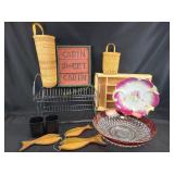 Metal racks, flatware organizer, wood fish,