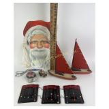 Wood sail boat decor pair, tribal carved turtle