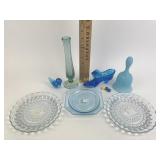 Blue glass: Fenton shoe, Fenton bell, plates,
