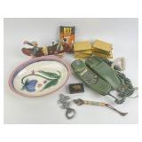 Vintage telephone, playing cards, ceramic bowl,