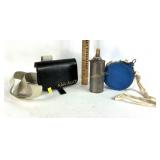 Blue wooden canteen, leather case for ammunition,