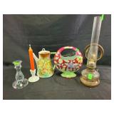 Coffee pot, candlesticks, floral vase, Hurricane