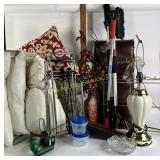 Bedding, pillows, metal decor, table lamp,