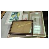 3 large pictures floral themed, 1 wood frame