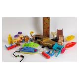 Plastic peanuts figures, plastic boats, marbles,