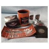 Harley Davidson wallet, shot glasses, piggy bank