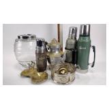 Percolator, thermoses, brass dish, glass