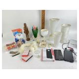 Milk glass vases, ceramic figurines, Samsung